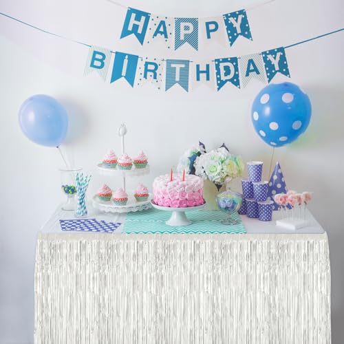 White Foil Tinsel Fringe Table Skirt 2 Pack - 29.5x108 Inches for Weddings Parties