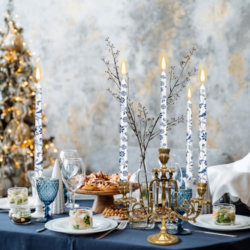 Blue White Elegant Taper Candles 12 Pack - Chinoiserie Floral 10 Inch Decor