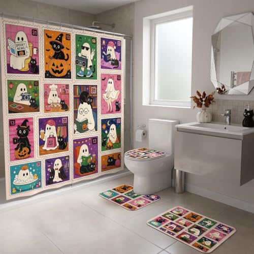 Funny Ghost Bathroom Shower Curtain and Rug Set - Halloween Decor, 4PCS