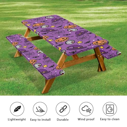 Halloween Picnic Table Cover with Bench Covers 94 x 30 in - Fitted & Elastic Band
