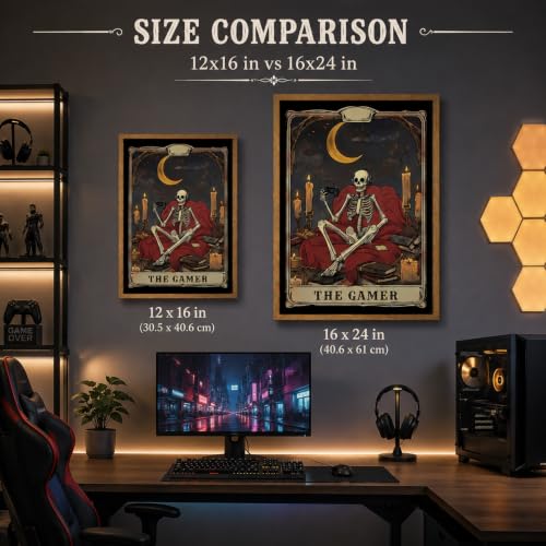 Gamer Tarot Wall Art - Framed Skeleton Gaming Decor, 16 x 12 Inches