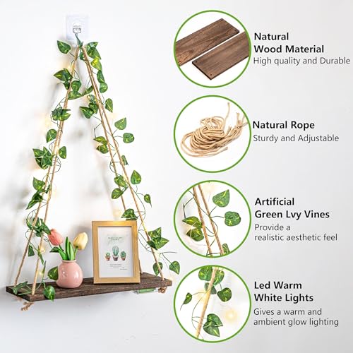 Floating Plant Shelves with Lights - Green Leaf Style, 2-Piece Set