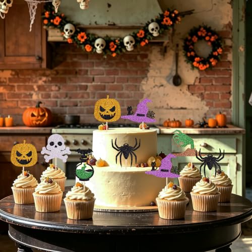 Black 24 Pcs Halloween Cupcake Toppers - Pumpkin & Ghost Party Decorations