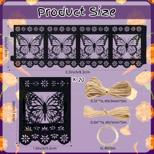 Dia De Los Muertos Paper Lantern Set - 20 Black Papel Picado Decor with Monarch Butterfly Motifs