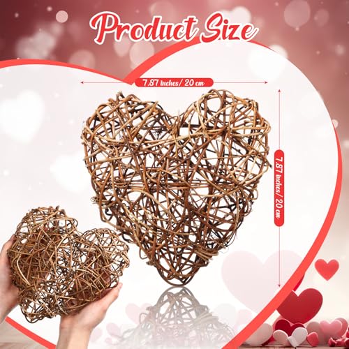 Artificial Wicker Heart Decorations - 7.87 x 7.87 Inches, Set of 2, Rustic Farmhouse Table Centerpieces for Wedding & Home Decor