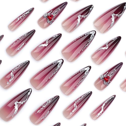 Halloween Long Stiletto Fake Nails with Red Rhinestones & Designs - Black & Red Gradient, 24 Pack - Variation 4