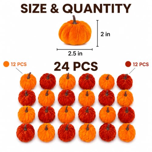 Orange Velvet Artificial Pumpkins Set - 24 Pcs Fall Decor for Thanksgiving & Halloween - Variation of Orange-24 Pcs