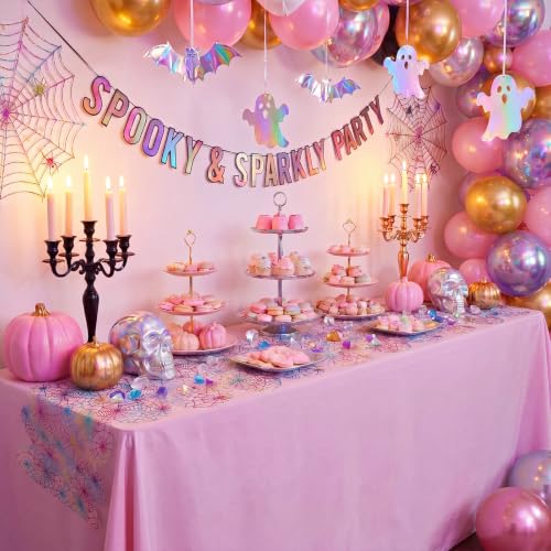 Irenare Iridescent Spider Web Table Runner - Halloween Pastel Decor, 14x70 Inches - Variation 1