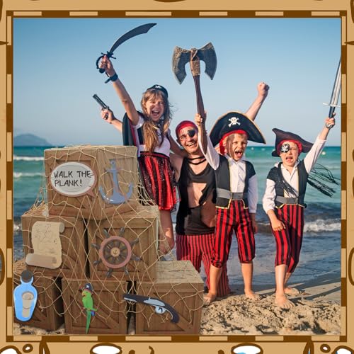 Pirate Party Decorations Set with Treasure Boxes, Net, Photo Props for Halloween & Adventure Events