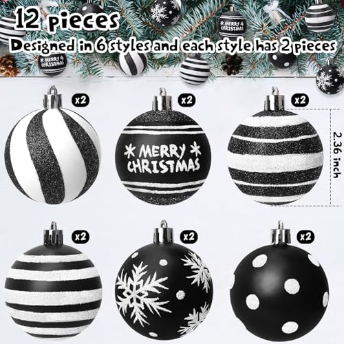 Black and White Christmas Ornaments Set - 12 Shatterproof Holiday Decorations
