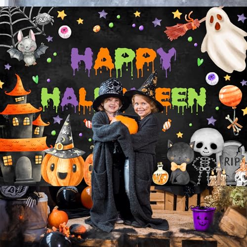 Halloween Backdrop Spooky Ghost Banner for Kids 8x6ft - Black Variation