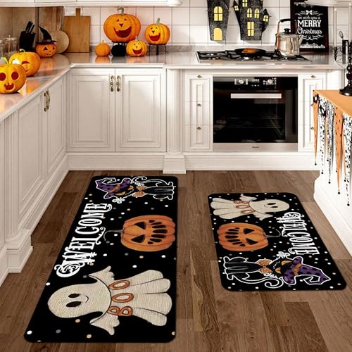 Halloween Kitchen Rugs Set with Non-Slip Mat and Mouse Pad - Ghost & Black Cat Design