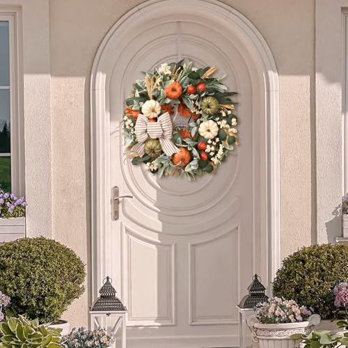 22-Inch Fall Wreath for Front Door Autumn Decor Handcrafted Pumpkin Berries Bows