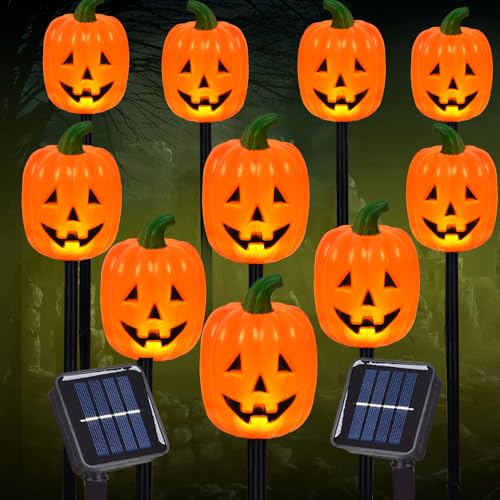 Long Pumpkin Stake Lights Set of 10 - Solar Halloween Yard Decor