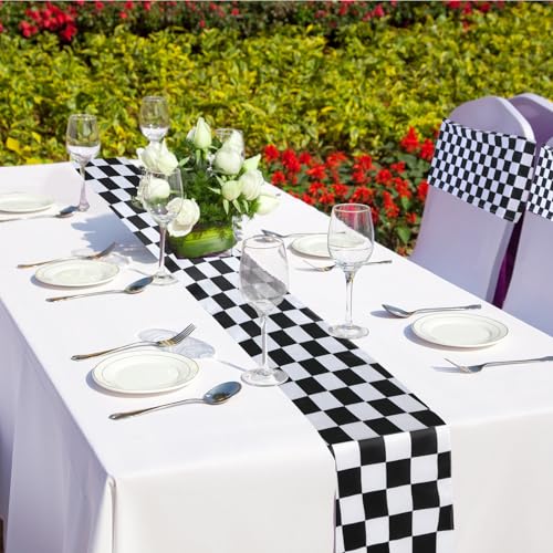 Black and White Checkerboard Chair Sashes with Table Runner Set for Weddings Parties