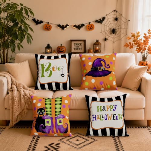 Halloween Boo Witch Cat Throw Pillow Cover Set - 16x16 Inches, Pack of 4