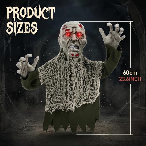 Outdoor Ground Zombie Halloween Decor with Flashing LED Eyes - Animated Yard Prop