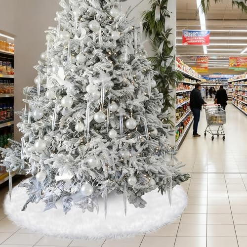 60 Inch White Faux Fur Christmas Tree Skirt – Large Snow White Holiday Decor