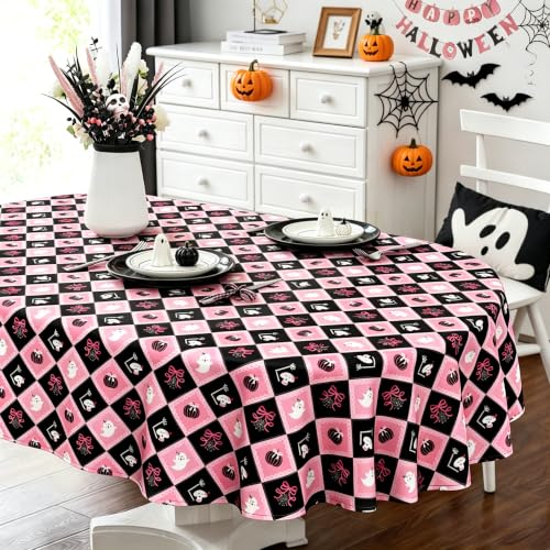 Cute Checkered Halloween Tablecloth 72x54 Inch Oval - Pink & Black Pumpkin Ghost Skull Decor