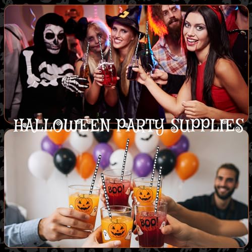 Halloween Ghost Reusable Drinking Straws Bulk - Black & White, 9 Inch, 50 Pieces