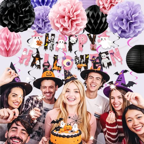 Halloween Paper Lanterns & Garland Decor Set - Pink Purple Black, 22pcs, Reusable