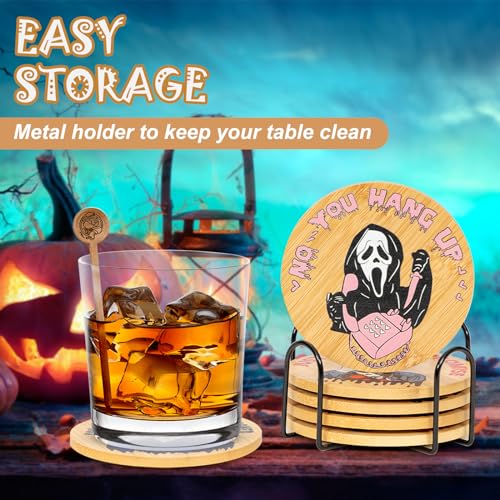 TuTuArt Bamboo Horror Movie Character Coasters Set with Holder - Halloween Drink Accessories