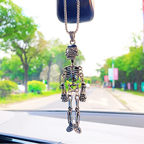 Skeleton Car Mirror Charm - Movable Joints Halloween Skull Hanging Ornament, Rearview Decor