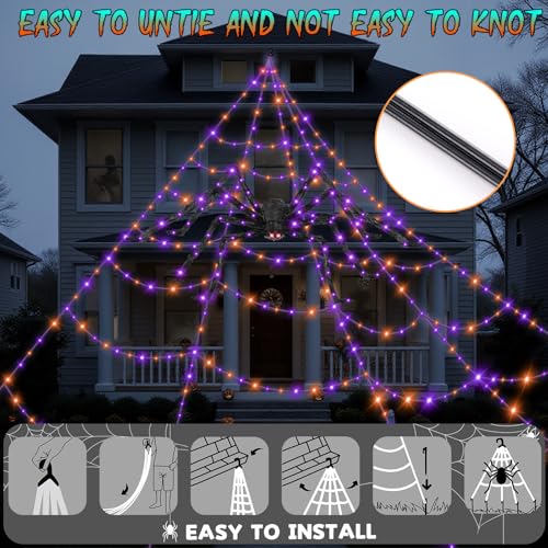 Halloween Outdoor Spider Web Lights with Giant Glowing Spider and 11 Lighting Modes
