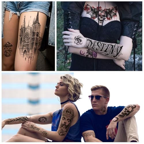 Gothic Temporary Tattoos Set - Mystery Spider Skull Designs for Adults Teens, Waterproof, 77 Sheets, Grey Variation
