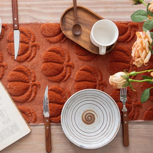 Fall Pumpkin Table Runner Rust 13x72 Inches Plush Autumn Decor