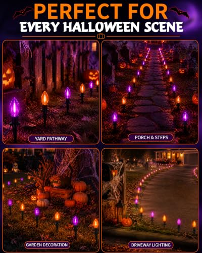 Halloween Pathway Lights 10-Pack Purple & Orange C9 LED Stakes - Outdoor Yard Decor