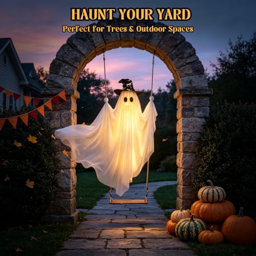 Light Up Halloween Ghost on Swing – 5FT Outdoor Decor with Remote & 8 Modes