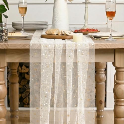 28x120 Inch Beige Gold Gauze Table Runner - Reversible Glitter Sheer Dining Decor