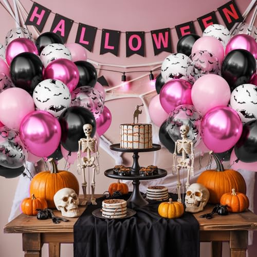 Halloween Balloons Set - Pink Black Bat Variation, 50 Pcs Spooky Party Decorations