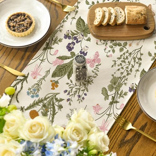 13x72 Inch Wildflowers Floral Table Runner - Beige Spring Summer Kitchen Decor