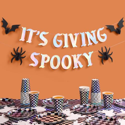 Halloween Spooky Banner with Iridescent Foil and Spider Bat Decorations - 5 Ft
