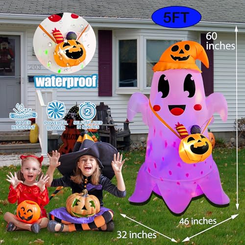 5FT Halloween Inflatable Ghost with Witch Hat and Pumpkin Candy Can with LED Light