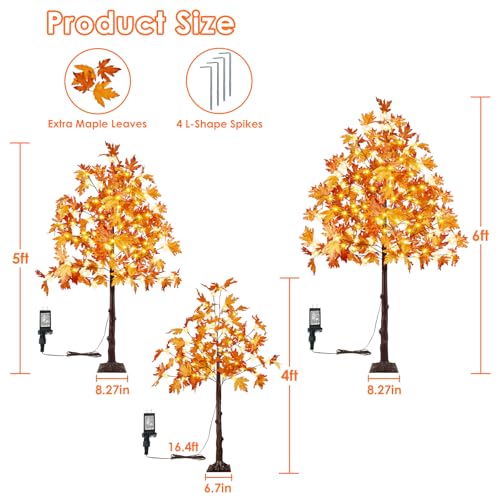Lighted Maple Tree Set - 3 Pack 4FT, 5FT, 6FT Artificial Fall Trees with 300 LEDs