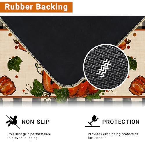 Fall Kitchen Mat Set of 2 - Plaid Pumpkin Non-Slip Rugs for Fall & Halloween Decor