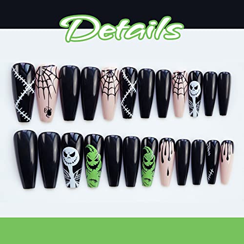 Halloween Long Coffin Spider Web Fake Nails Set - Black Blood Design, Variation 199