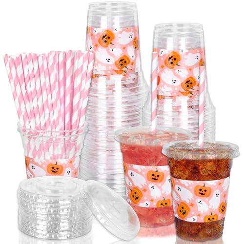 Pink Halloween Disposable Plastic Cups with Lids and Straws - 50 Pack, 12 oz