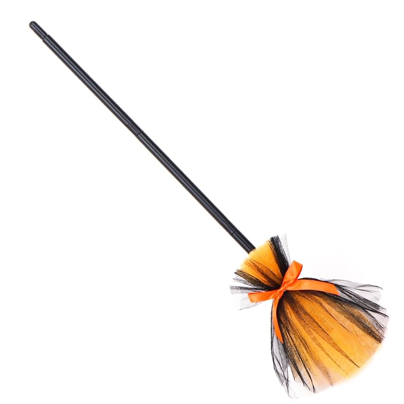 Halloween Witch Broom Prop with Gauze Decoration - Orange Costume Accessory