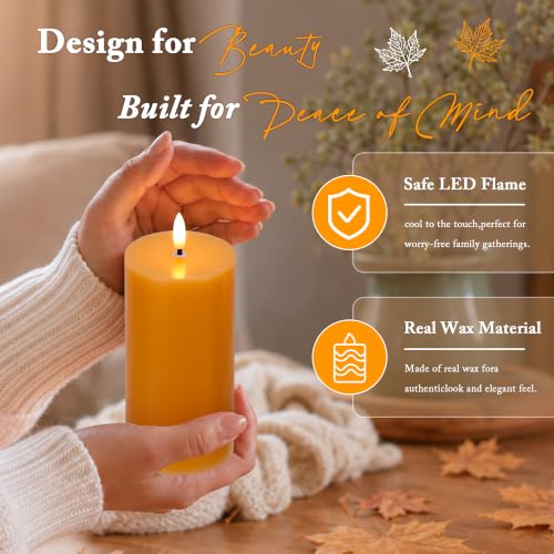JOIONE Orange Fall Flameless Pillar Candles with Remote - 4 Pack Autumn Decor