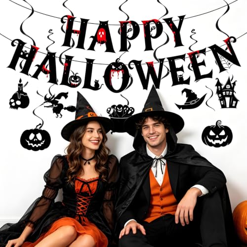 Halloween Party Decoration Set with Banner, Hanging Swirls, Cake & Cupcake Toppers