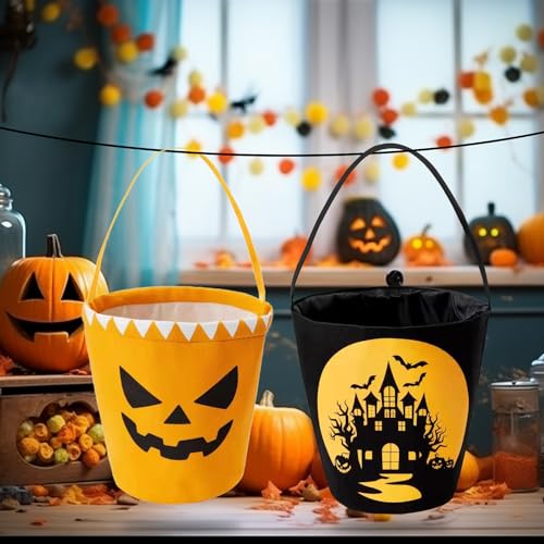 Halloween Trick or Treat Canvas Buckets - Castle & Pumpkin Face, Reusable Snack Baskets, 2 Pcs