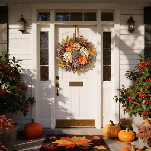 24-Inch Autumn Front Door Wreath with Hydrangea, Dalia and Pumpkins - Fall Decor