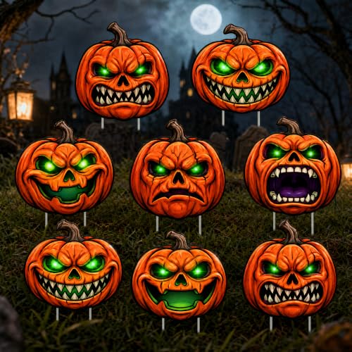 8-Pack Pumpkin Yard Signs Stakes with Glowing Eyes for Halloween Outdoor Decoration - Variation of Pumpkin