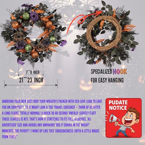 22 Inch Halloween Wreath with Glitter Roses Bats & Ornaments for Front Door