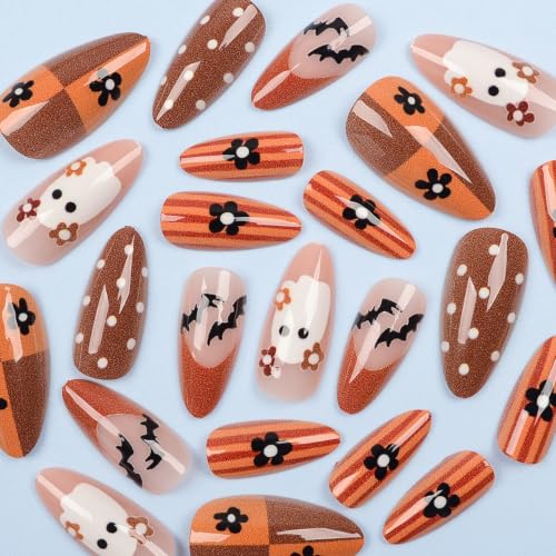 Press-On Nails Halloween Brown French Tip Style 23 - Ghost Bat Flower Design, Medium Length, Glossy Fake Nails, 24 Pcs