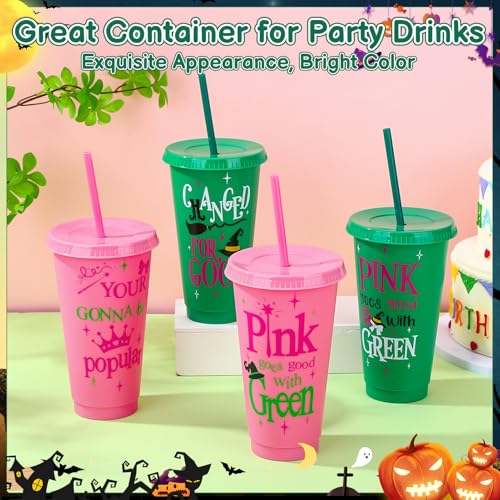 Pink and Green Plastic Cups with Lids and Straws - 12 Pack, 24 oz - Variation of Pink, Green / 12